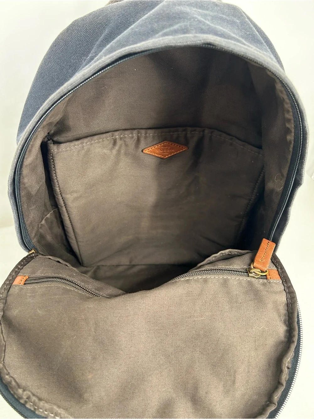 Fossil Backpack Canvas Leather 2 Tone Navy/Brown Pockets School Bag Casual